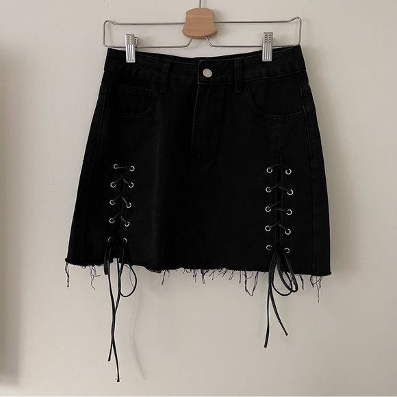 Lace Up Black Denim Skirt, S= US 4 - Picture 6 of 14